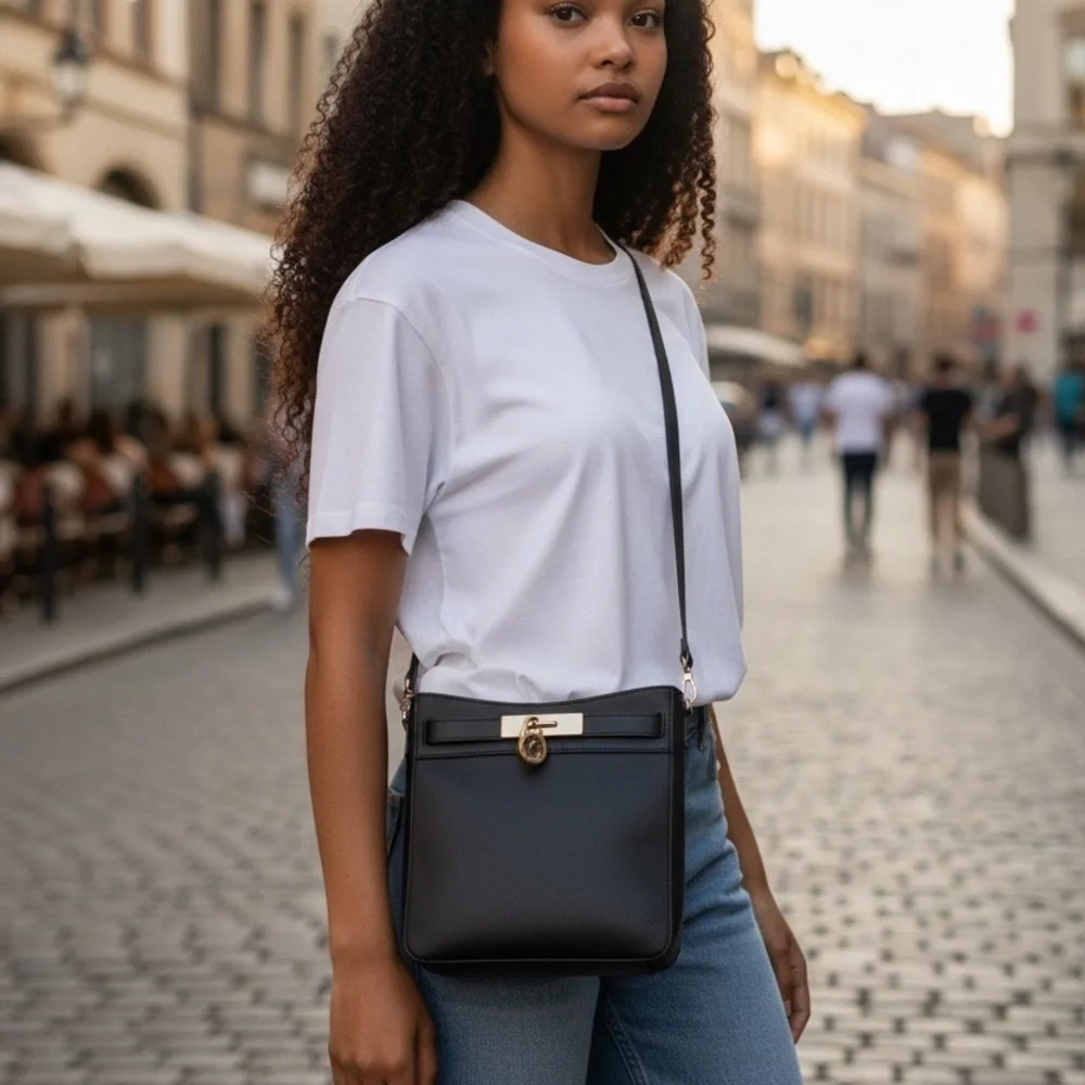 Michael Kors Black Crossbody Bag Hamilton Traveler Saffiano Leather Messenger